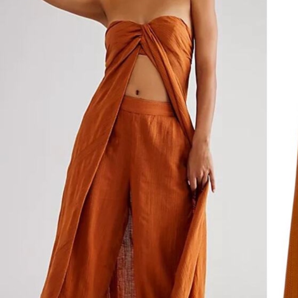 Free People Banita Set Wide Leg Cropped Linen Blend Rust‎ Size XS